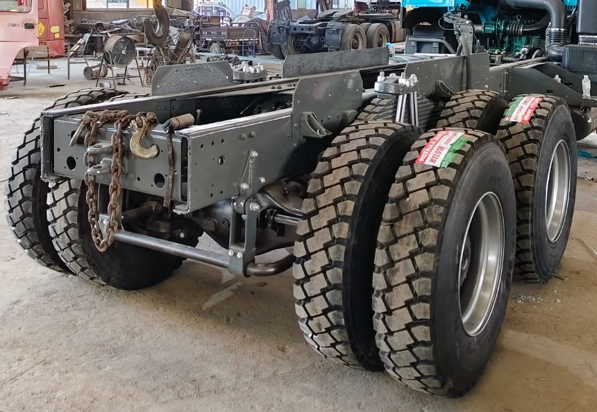 New wheel hubs and premium tires fitted to the refurbished chassis